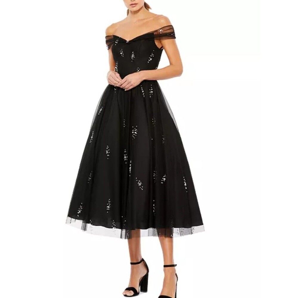 Ieena Mac Duggal Pearl Wedding Off-Shoulder Black Midi Tulle Party Dress